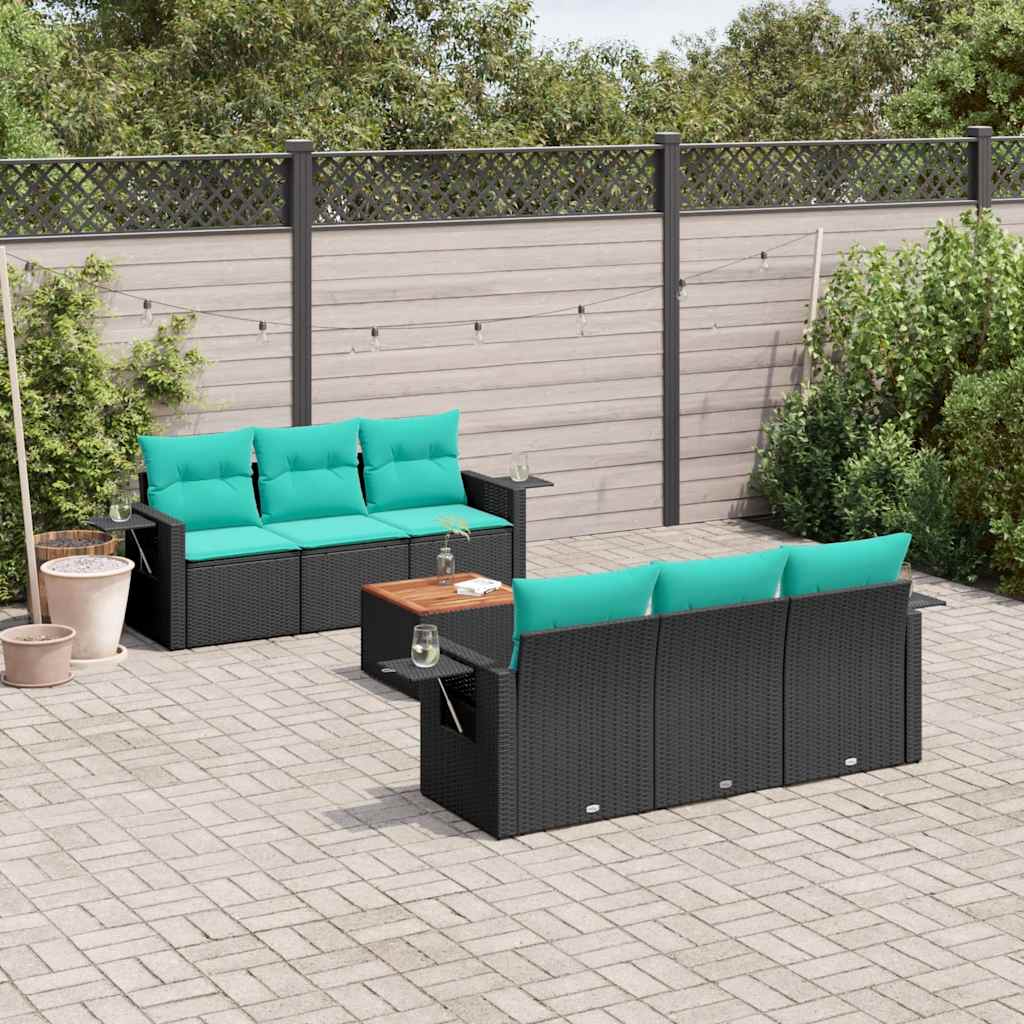 vidaXL 7-delige tuinbankset met kussens van zwart polyrotan