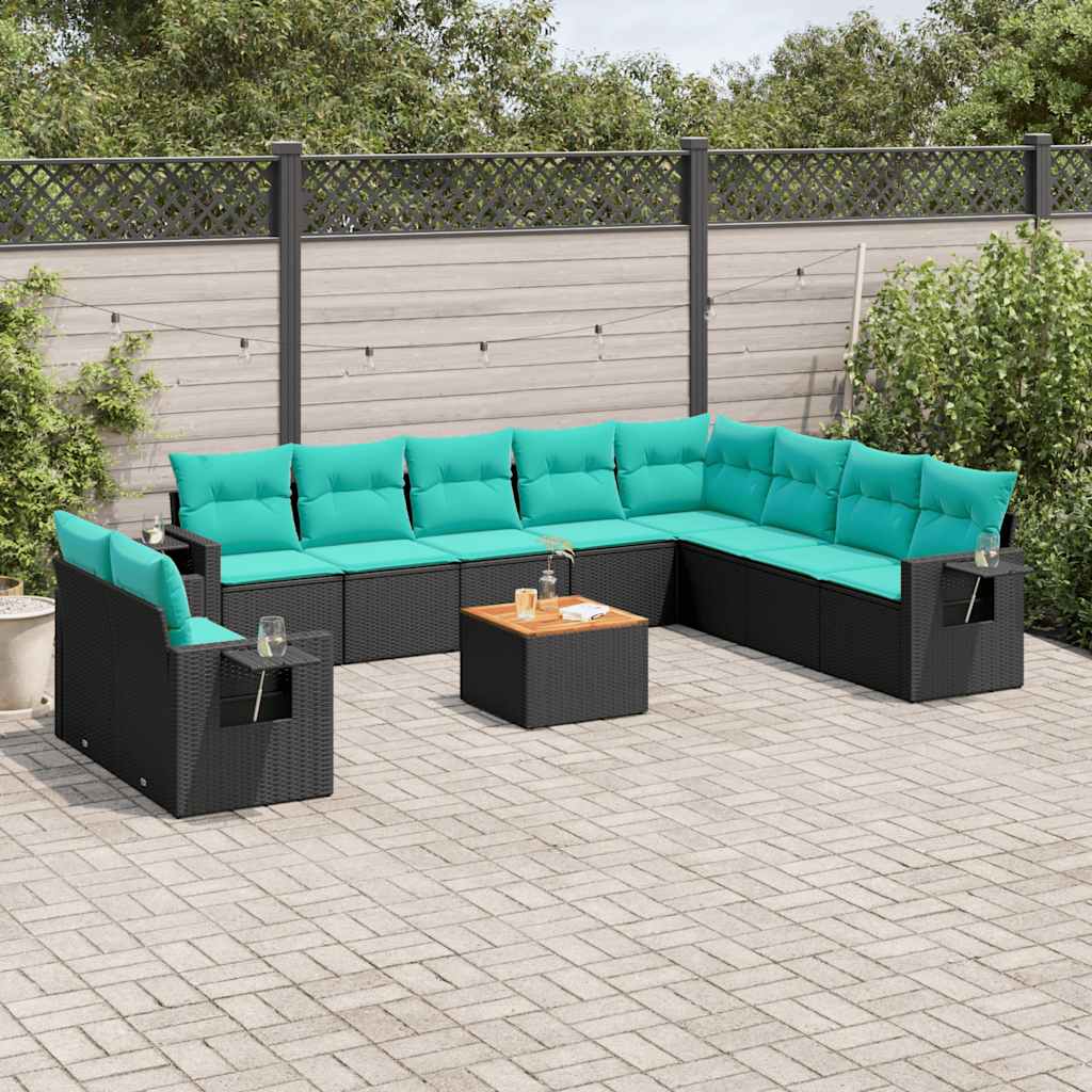 vidaXL 11-Piece Garden Lounge Set with Cushions, Black Poly Rattan