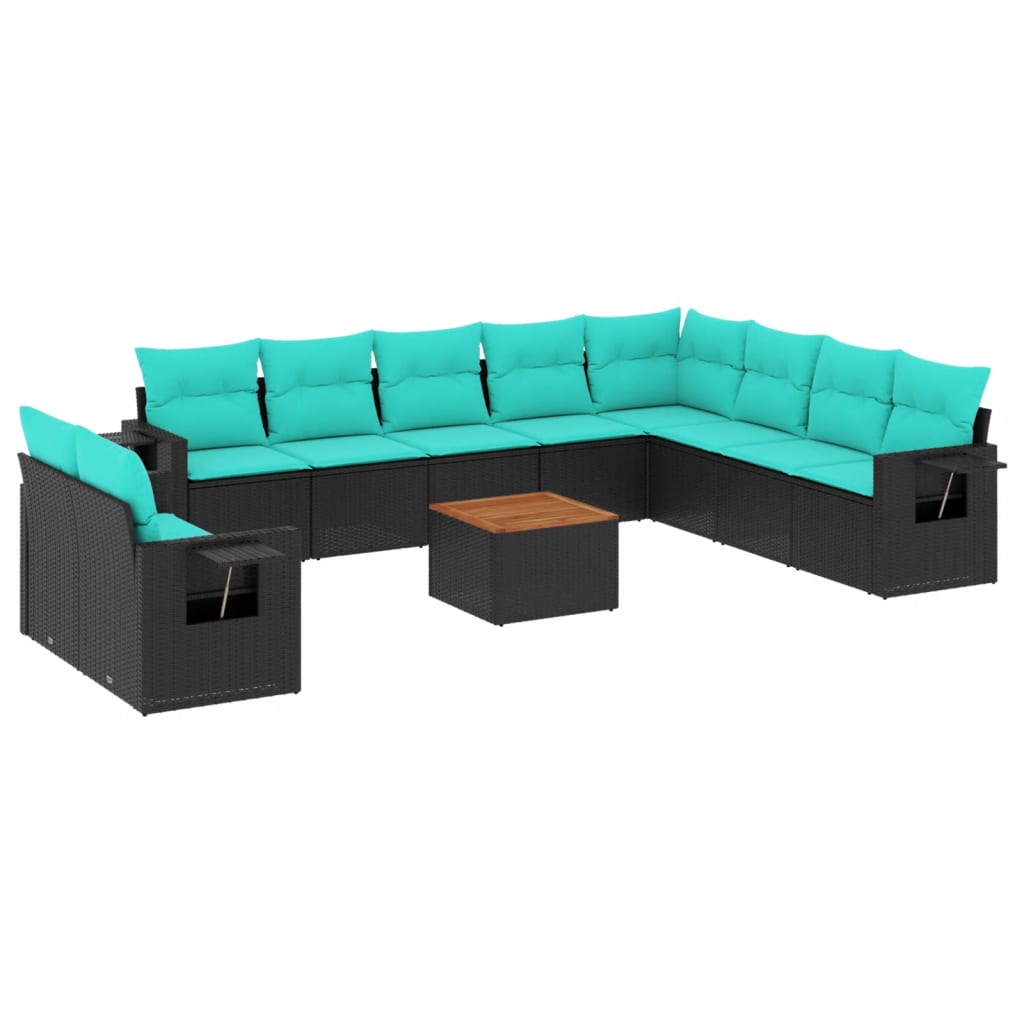 vidaXL 11-Piece Garden Lounge Set with Cushions, Black Poly Rattan