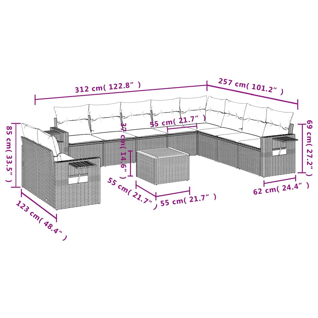 vidaXL 11-Piece Garden Lounge Set with Cushions, Black Poly Rattan