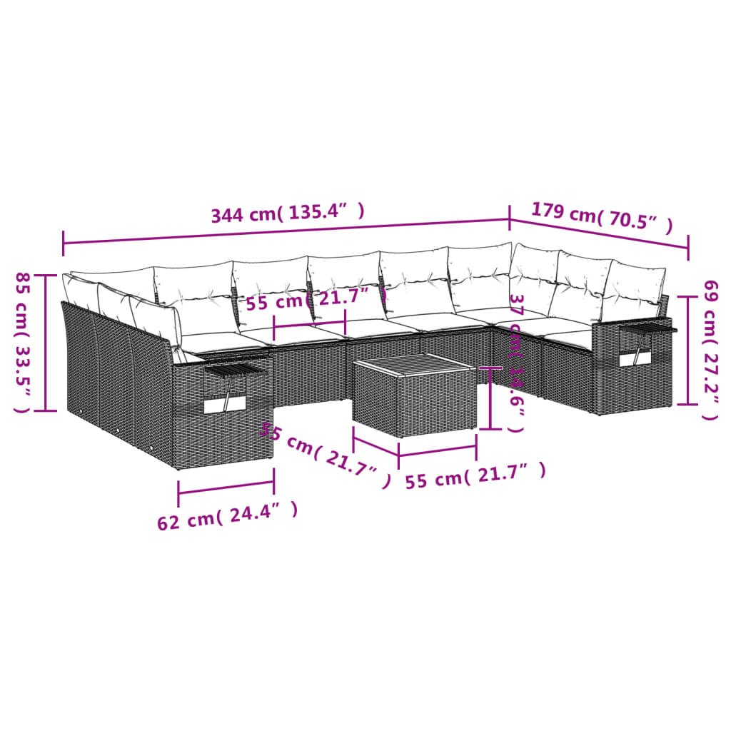 vidaXL 11-Piece Garden Lounge Set with Cushions, Black Poly Rattan