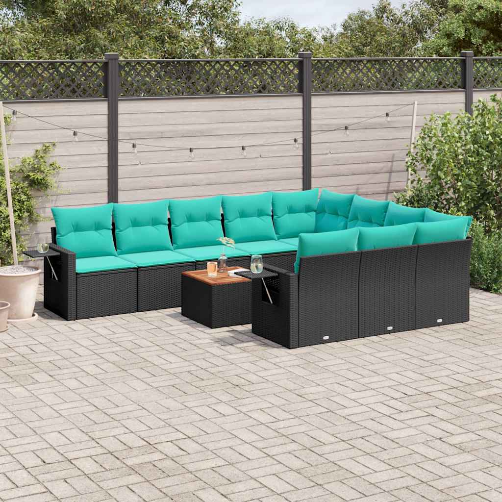 vidaXL 11-Piece Garden Lounge Set with Cushions, Black Poly Rattan