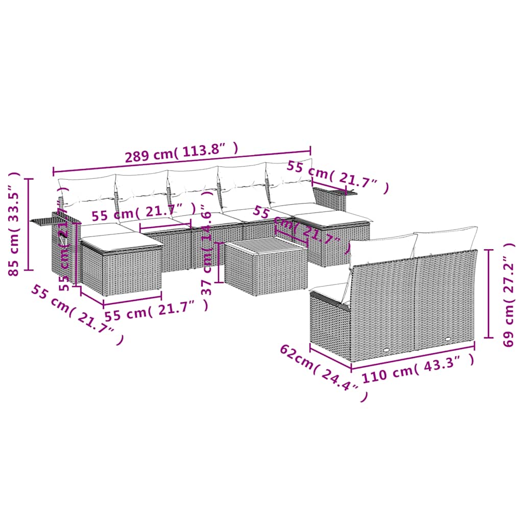vidaXL 10-delige tuinbankset met kussens van zwart polyrotan