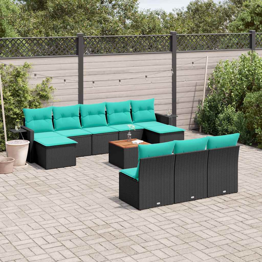 vidaXL 11-Piece Garden Lounge Set with Cushions, Black Poly Rattan