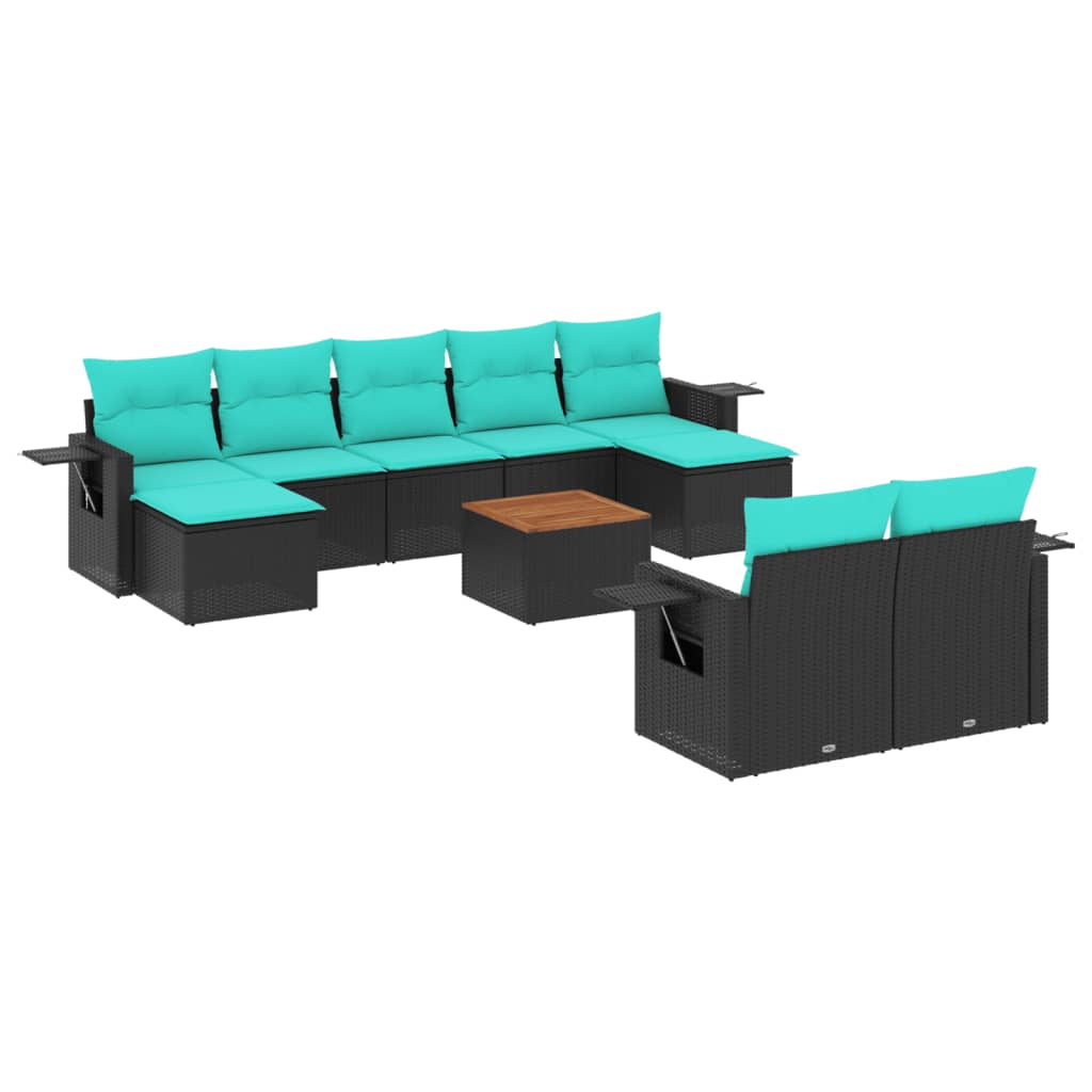 vidaXL 10-piece Garden Sofa Set with Cushions Black Poly Rattan