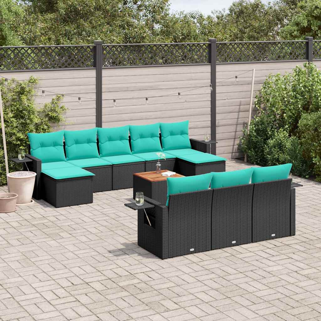 vidaXL 11-delige tuinbankset met kussens, zwart polyrotan
