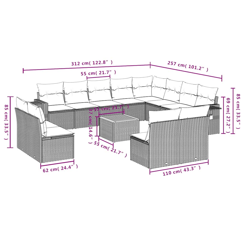vidaXL 13-piece Garden Sofa Set with Cushions Black Poly Rattan