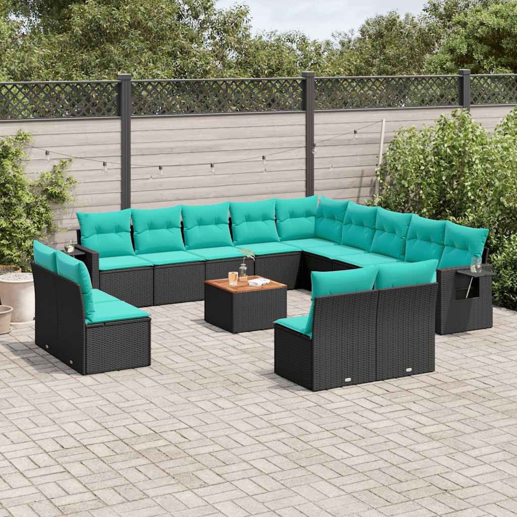 vidaXL 14-piece Garden Sofa Set with Cushions Black Poly Rattan