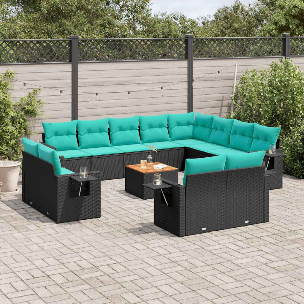 vidaXL 13-piece Garden Lounge Set with Cushions Black Poly Rattan
