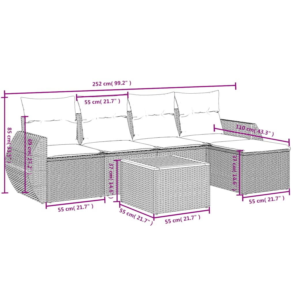 vidaXL 6-Piece Garden Sofa Set with Cushions Black Poly Rattan