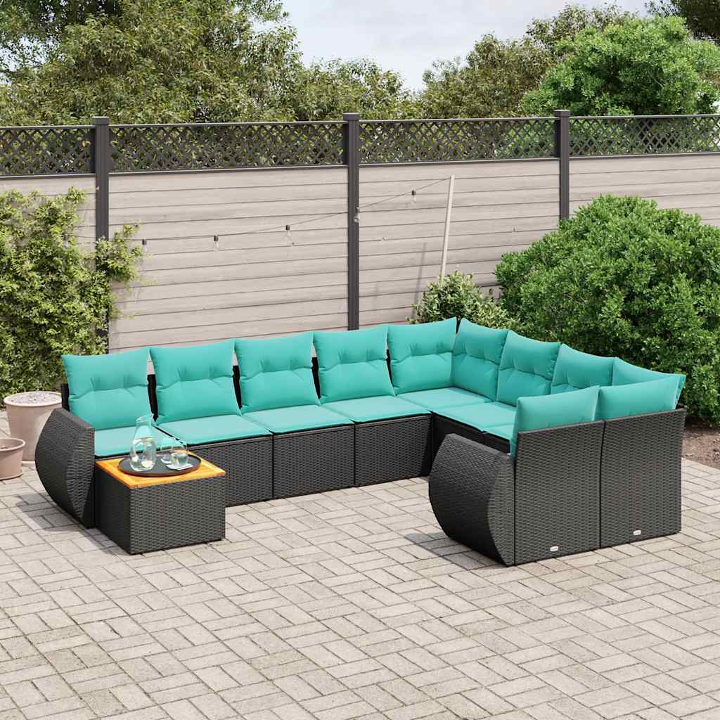 vidaXL 10-delige tuinbankset met kussens van zwart polyrotan