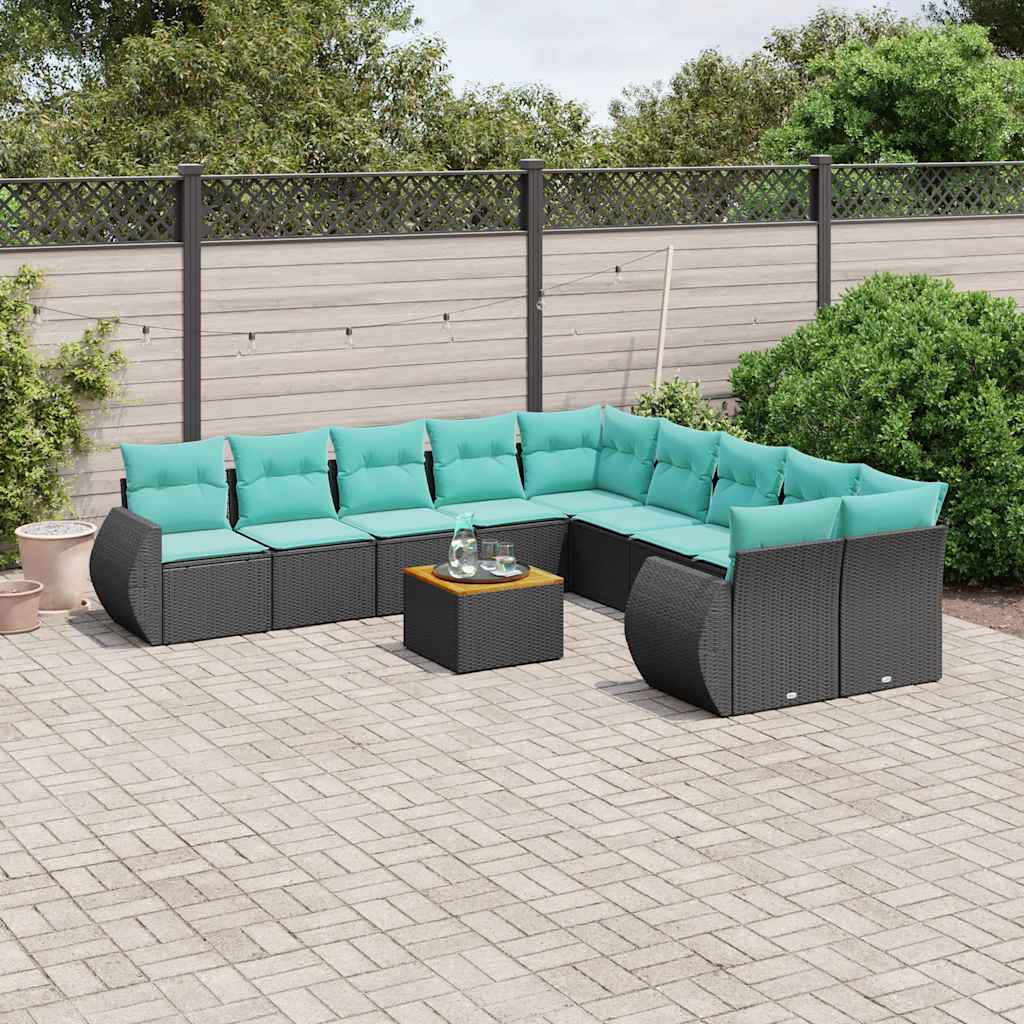 vidaXL 11-Piece Garden Lounge Set with Cushions, Black Poly Rattan