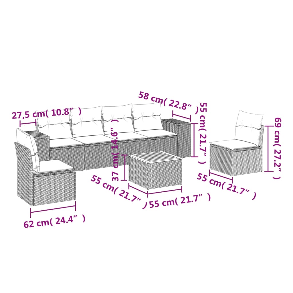 vidaXL 7-delige Loungeset met kussens poly rattan zwart