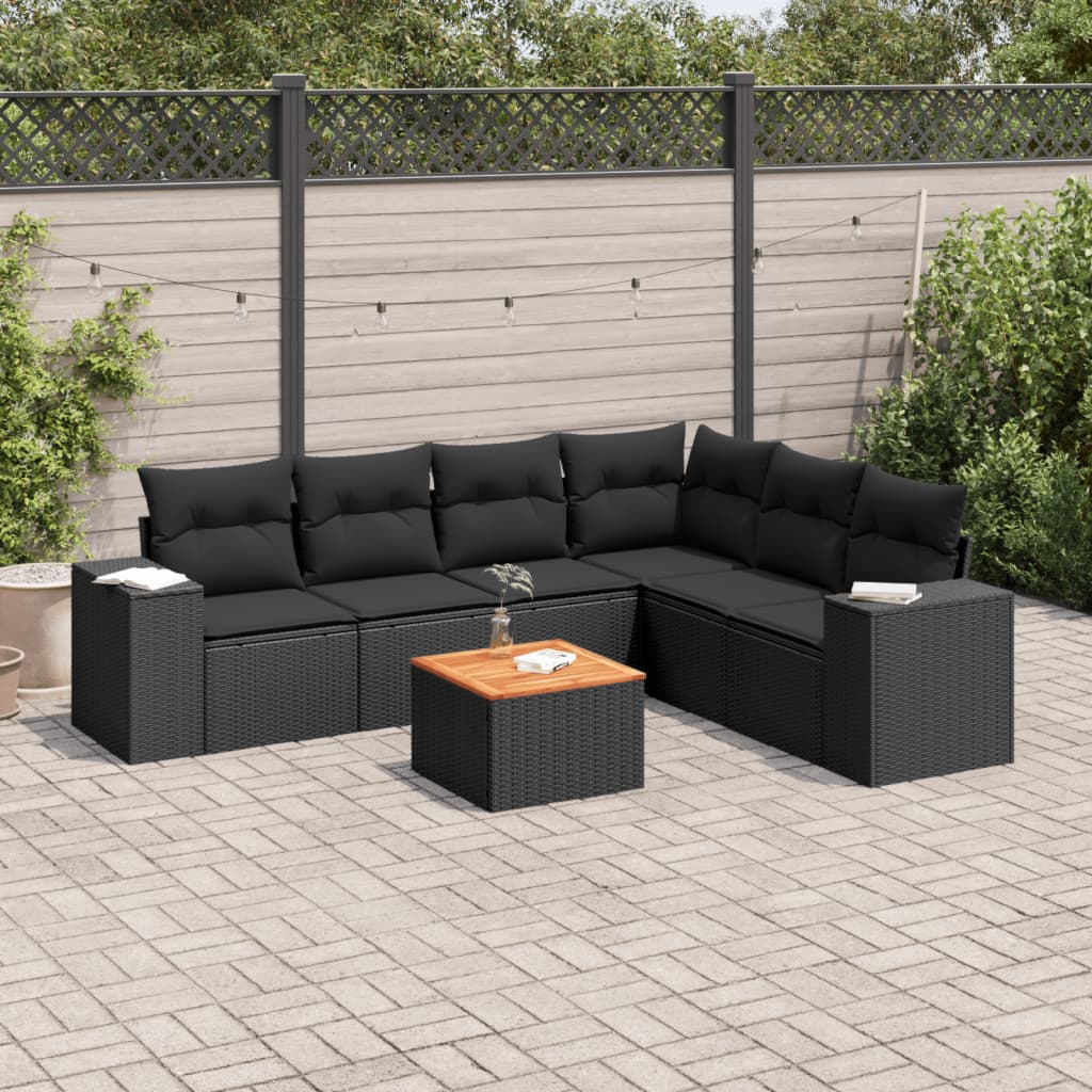vidaXL 7-delige Loungeset met kussens poly rattan zwart