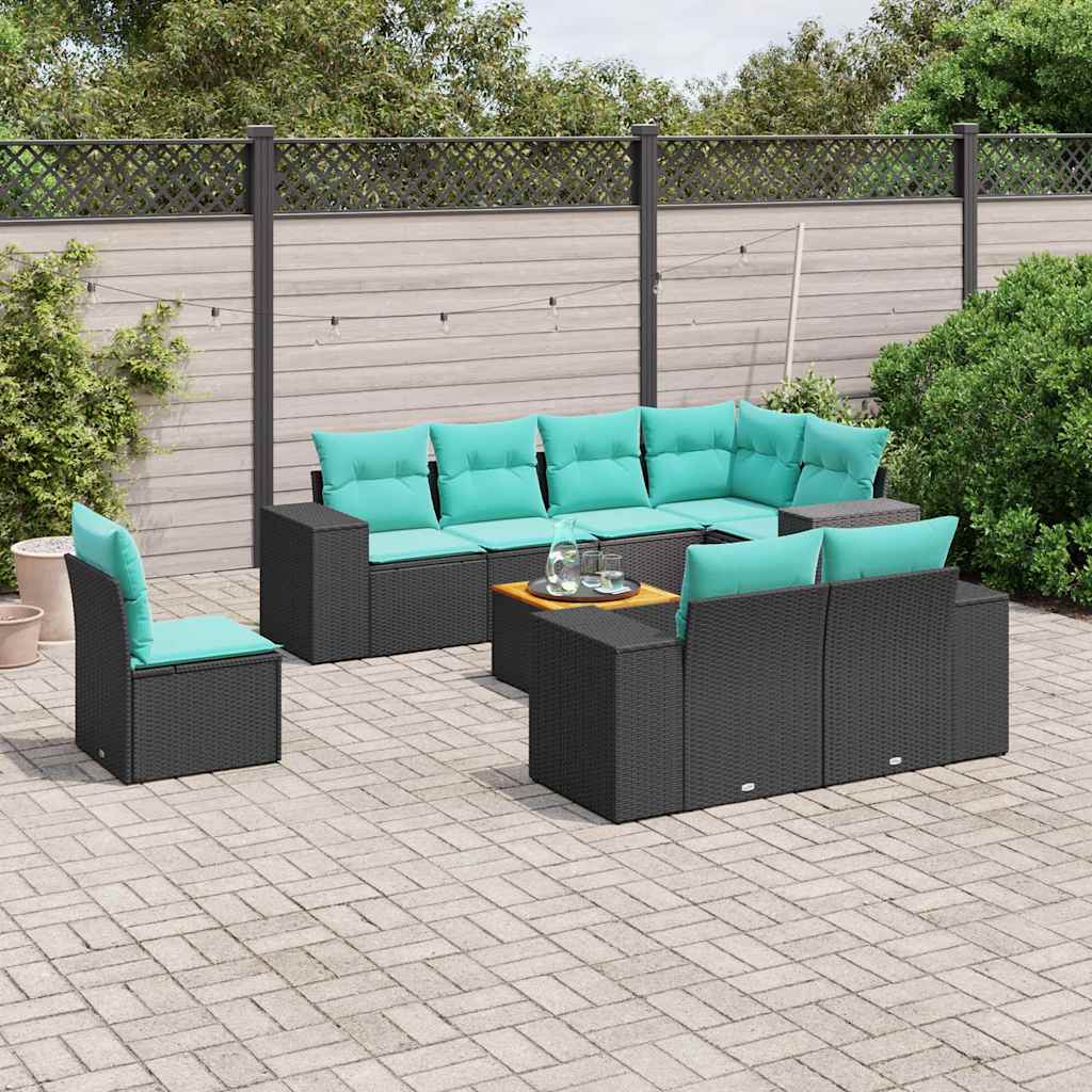 vidaXL 9-delige tuinbankset met kussens van zwart polyrotan