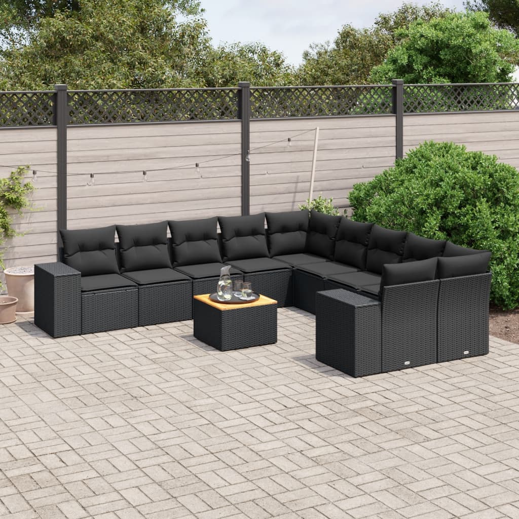 vidaXL 11-Piece Lounge Set with Cushions Poly Rattan Black