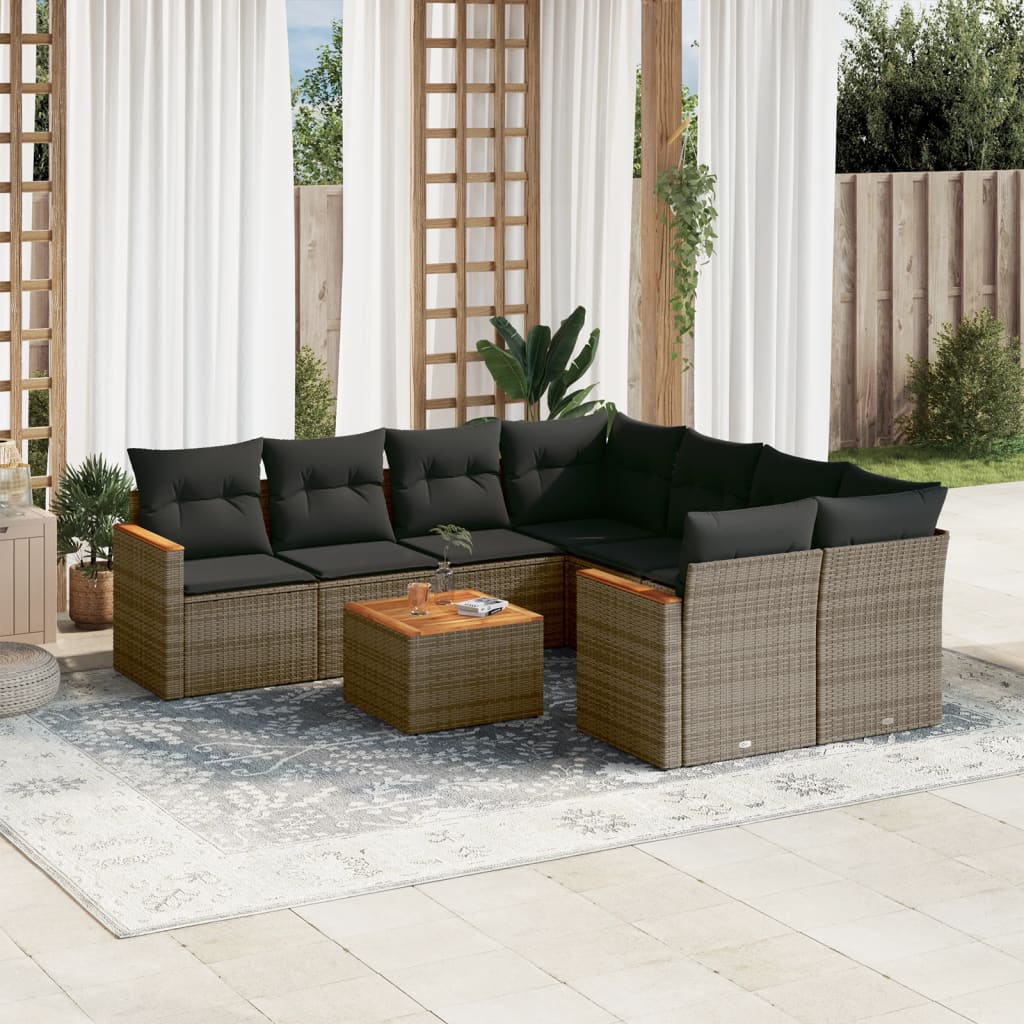 vidaXL 9-delige Loungeset met kussens poly rattan zwart