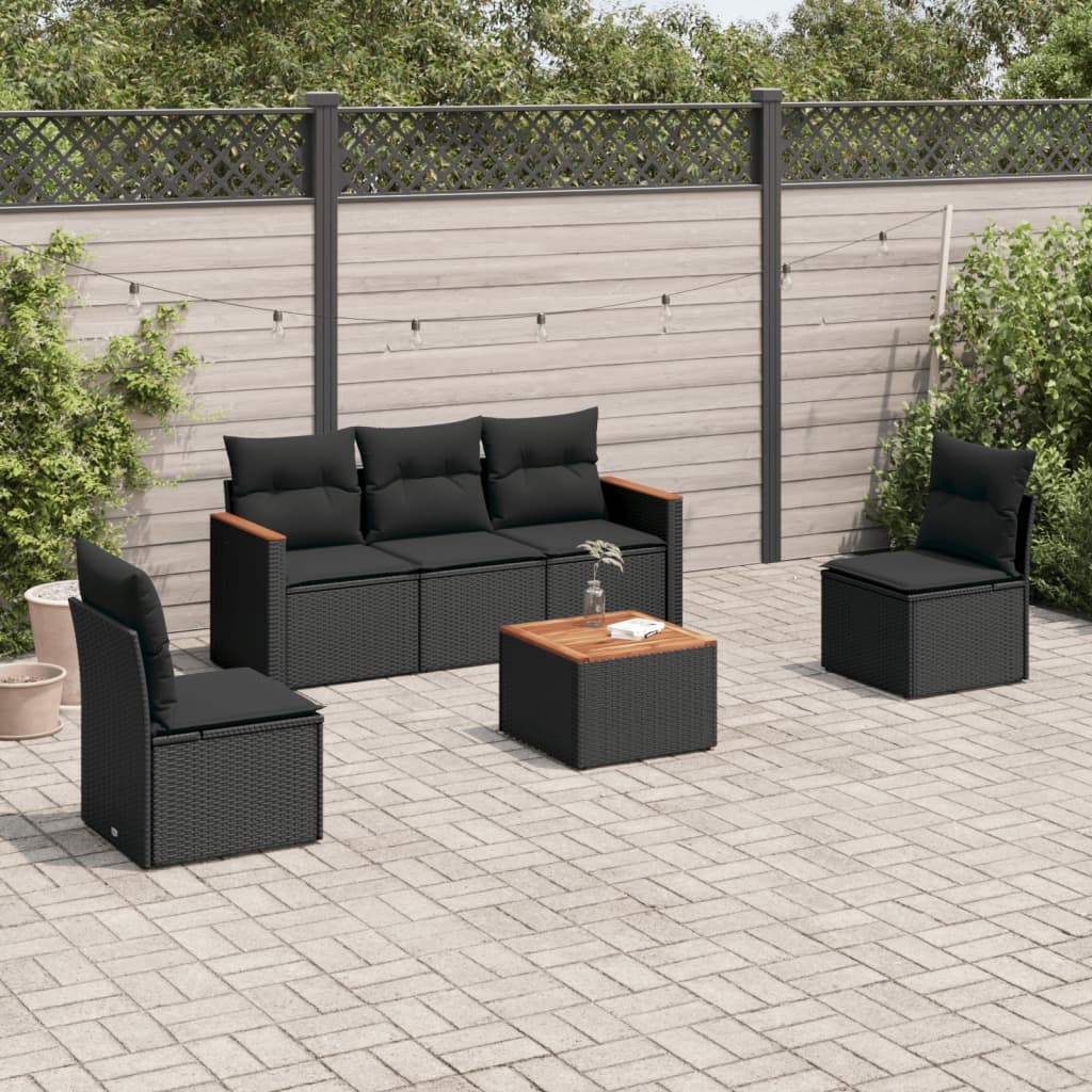 vidaXL 5-delige Loungeset met kussens poly rattan zwart