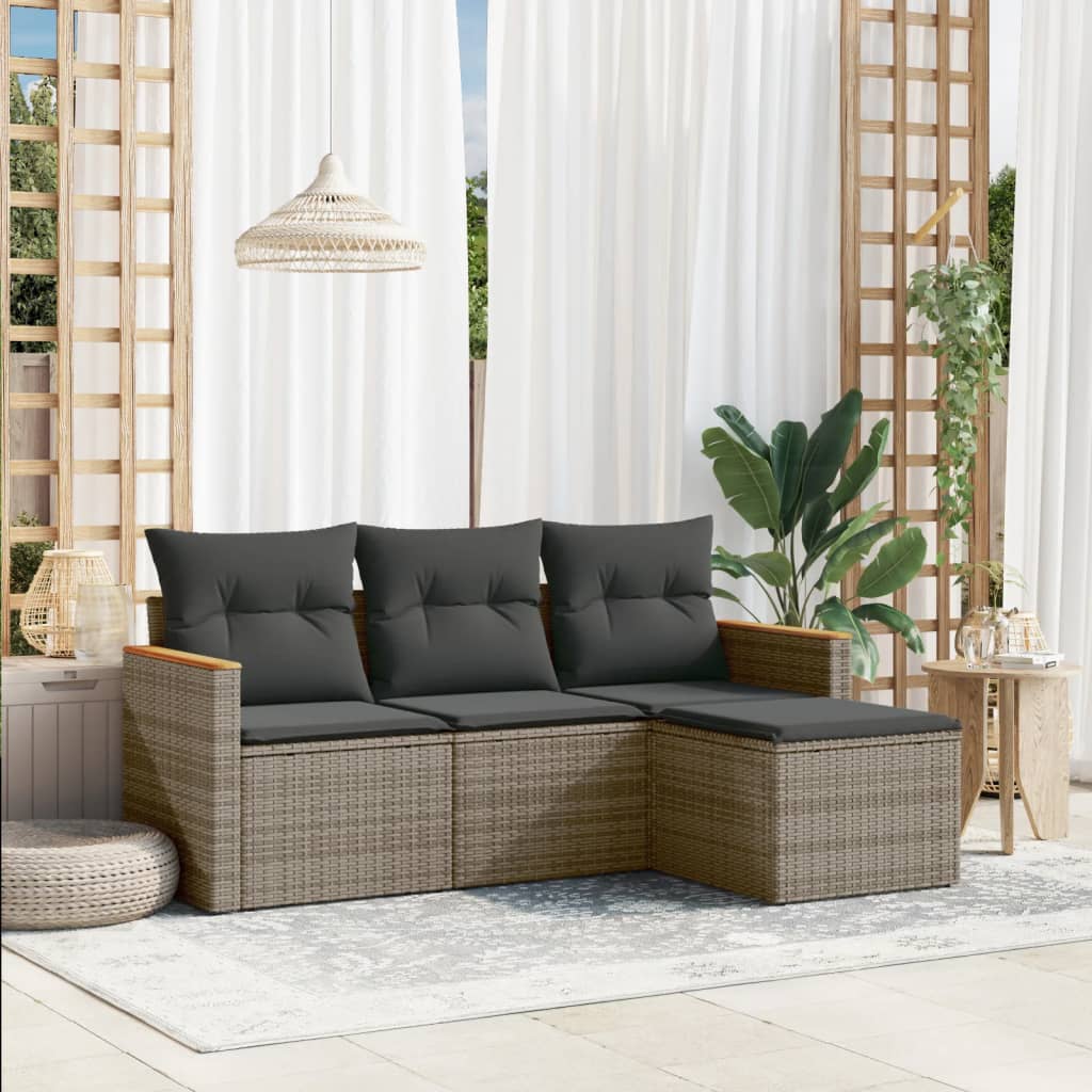 vidaXL 4-delige Loungeset met kussens poly rattan zwart