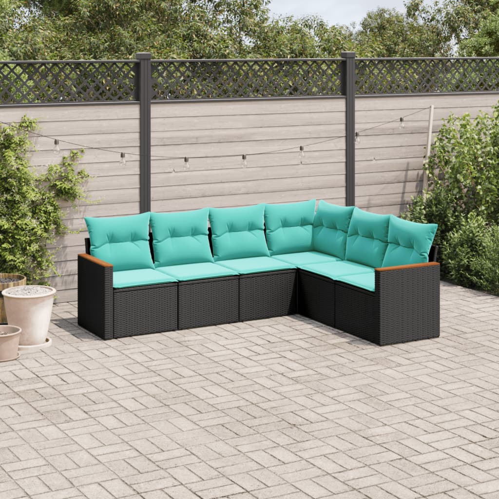 vidaXL 6-delige tuinbankset met kussens van zwart polyrotan