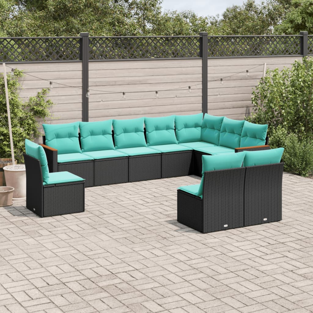 vidaXL ensemble de 10 banques de jardin avec coussins en polyrotan noir