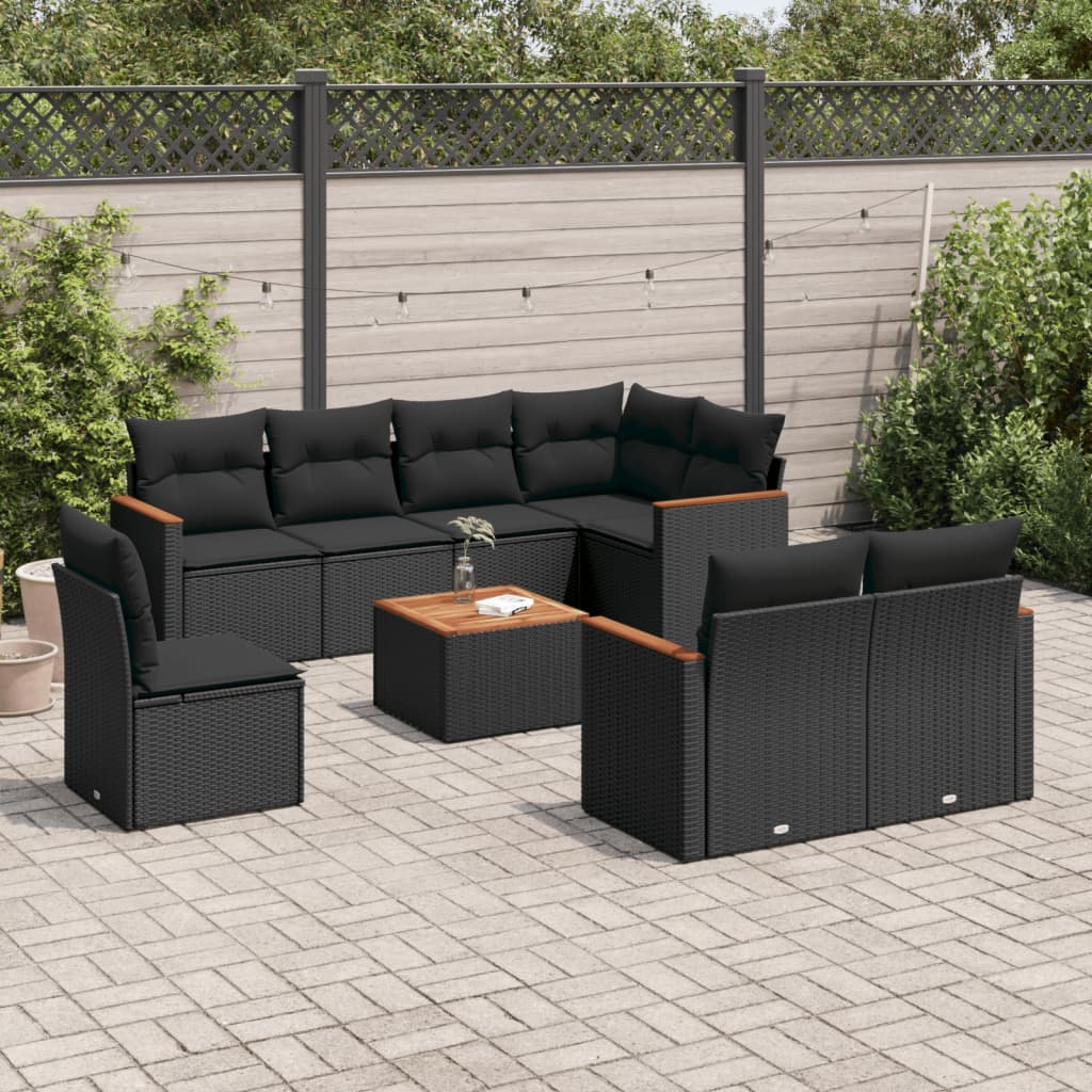 vidaXL 8-delige Loungeset met kussens poly rattan zwart