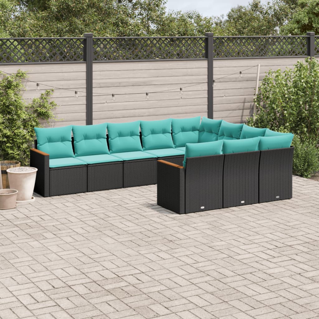 vidaXL 10-delige tuinbankset met kussens van zwart polyrotan