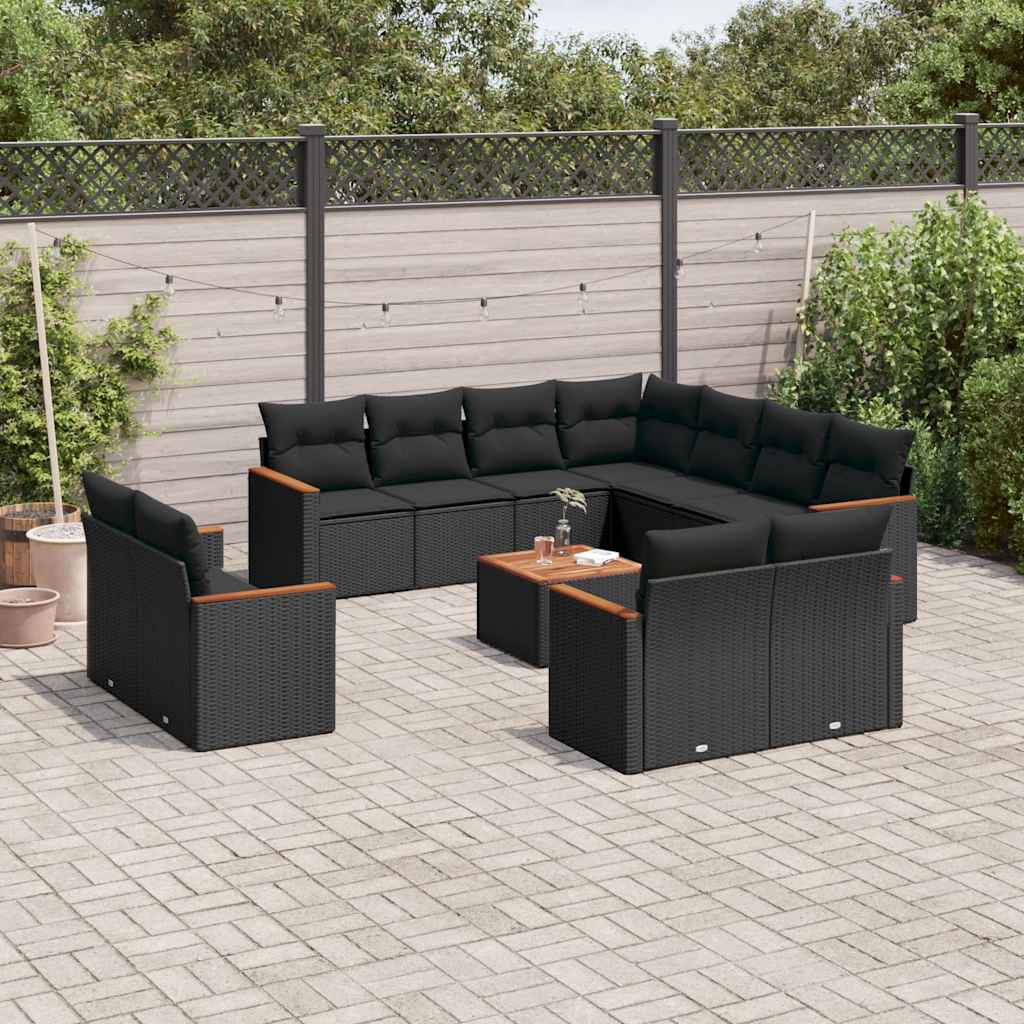 vidaXL 11-Piece Lounge Set with Cushions Poly Rattan Black