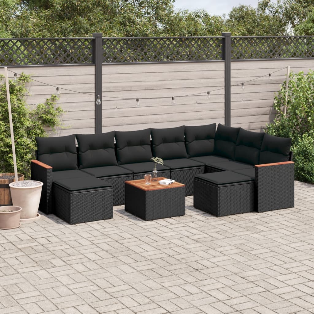 vidaXL 9-delige Loungeset met kussens poly rattan zwart