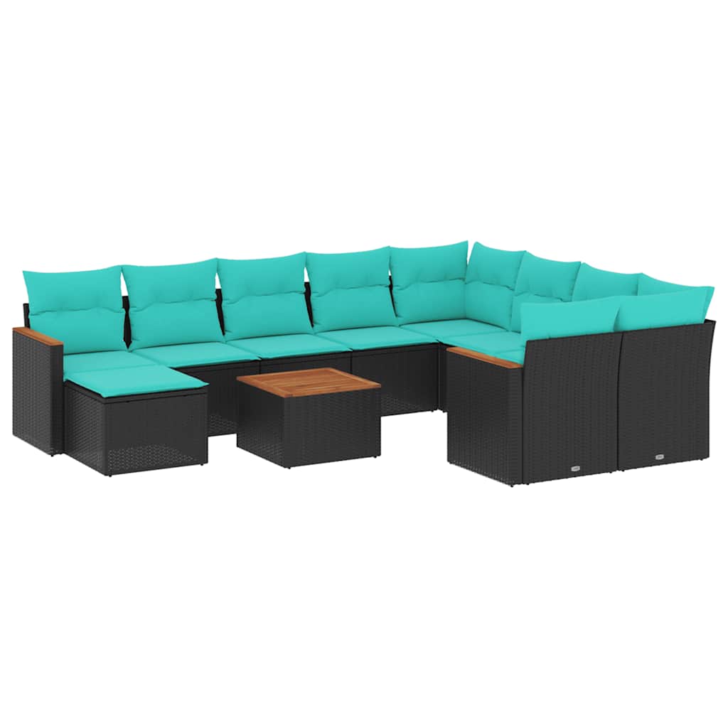 vidaXL 11-Piece Garden Lounge Set with Cushions, Black Poly Rattan