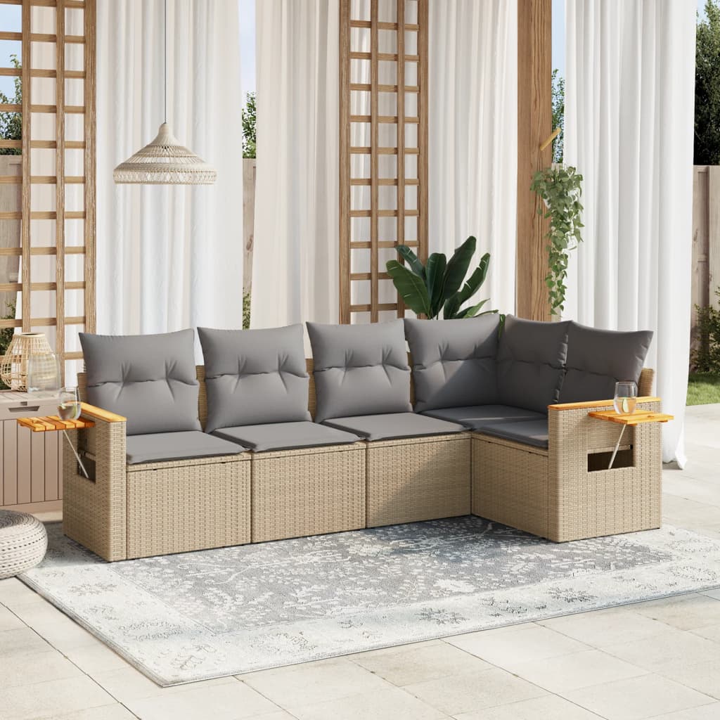 vidaXL 5-delige Loungeset met kussens poly rattan zwart