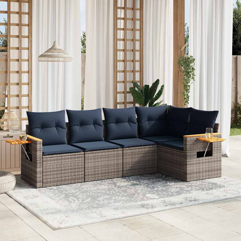 vidaXL 5-delige Loungeset met kussens poly rattan zwart