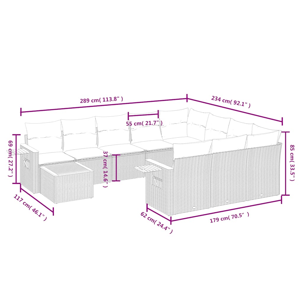 vidaXL 11-delige Loungeset met kussens poly rattan zwart