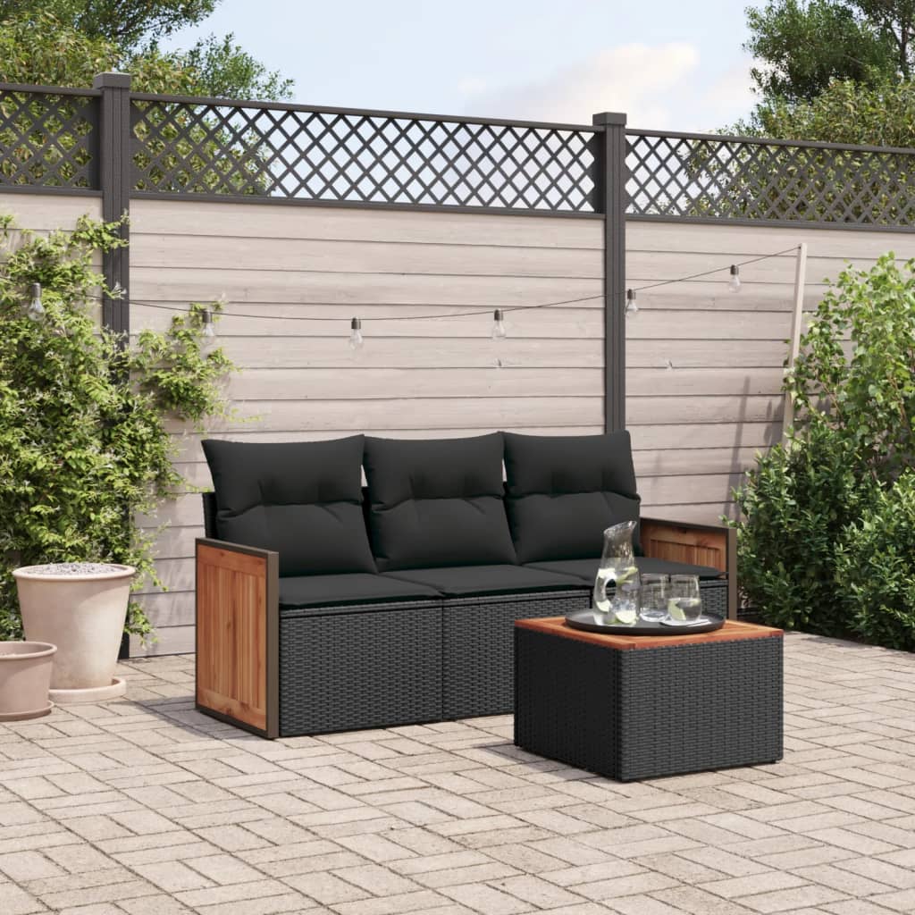 vidaXL 3-delige Loungeset met kussens poly rattan zwart