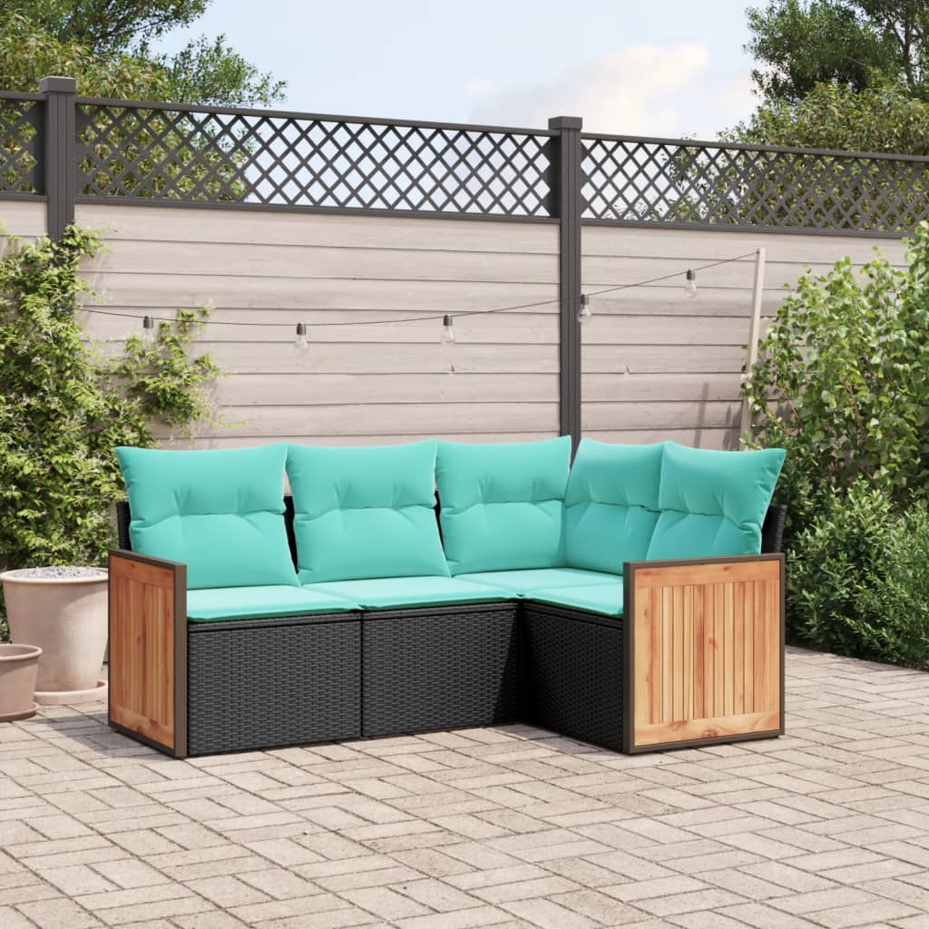 vidaXL 4-piece Garden Sofa Set with Cushions, Black Poly Rattan