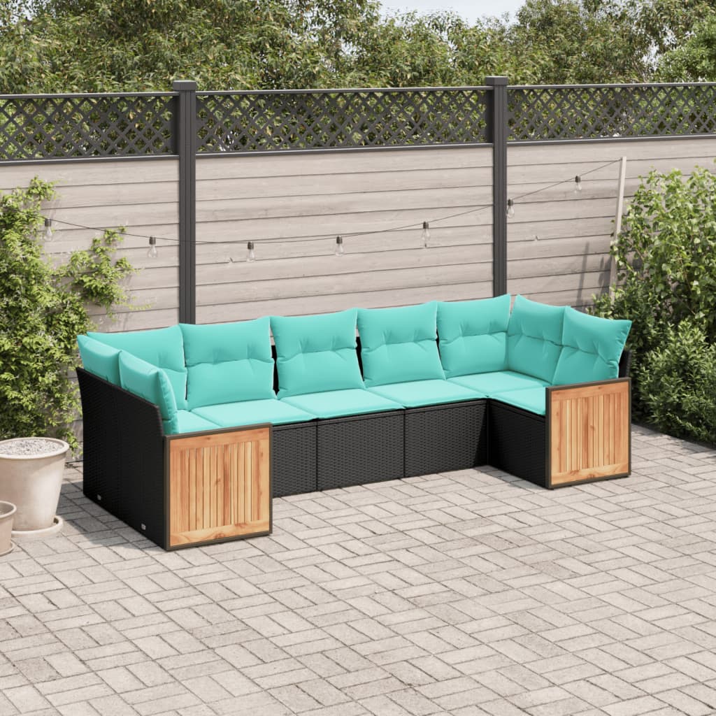 vidaXL ensemble de 7 banques de jardin avec coussins en polyrotan noir
