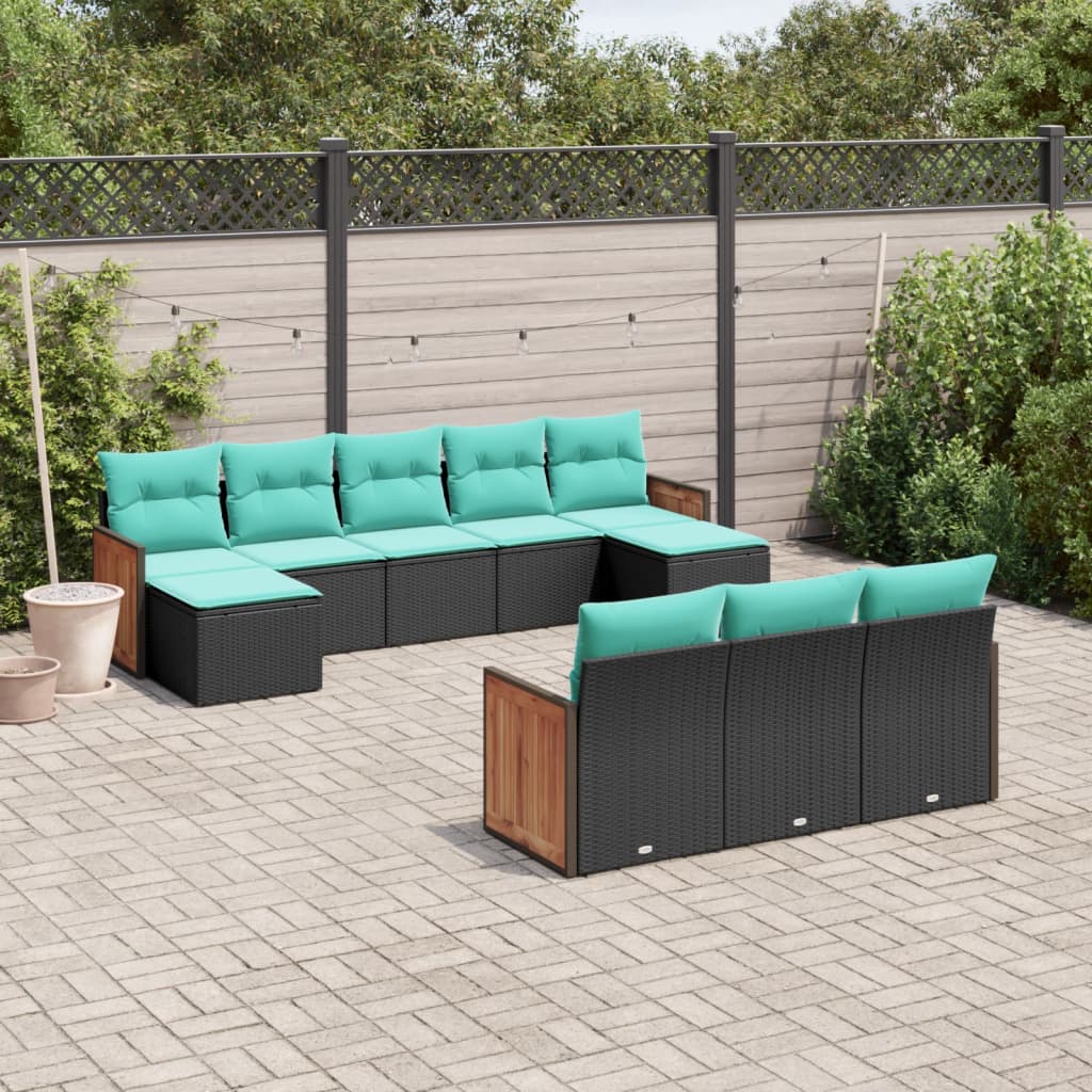 vidaXL 10-delige tuinbankset met kussens van zwart polyrotan