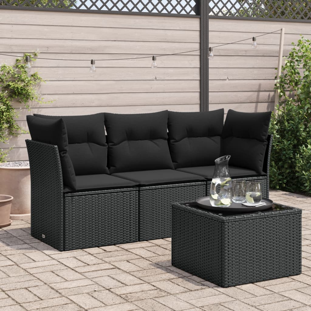 vidaXL 3-delige Loungeset met kussens poly rattan zwart