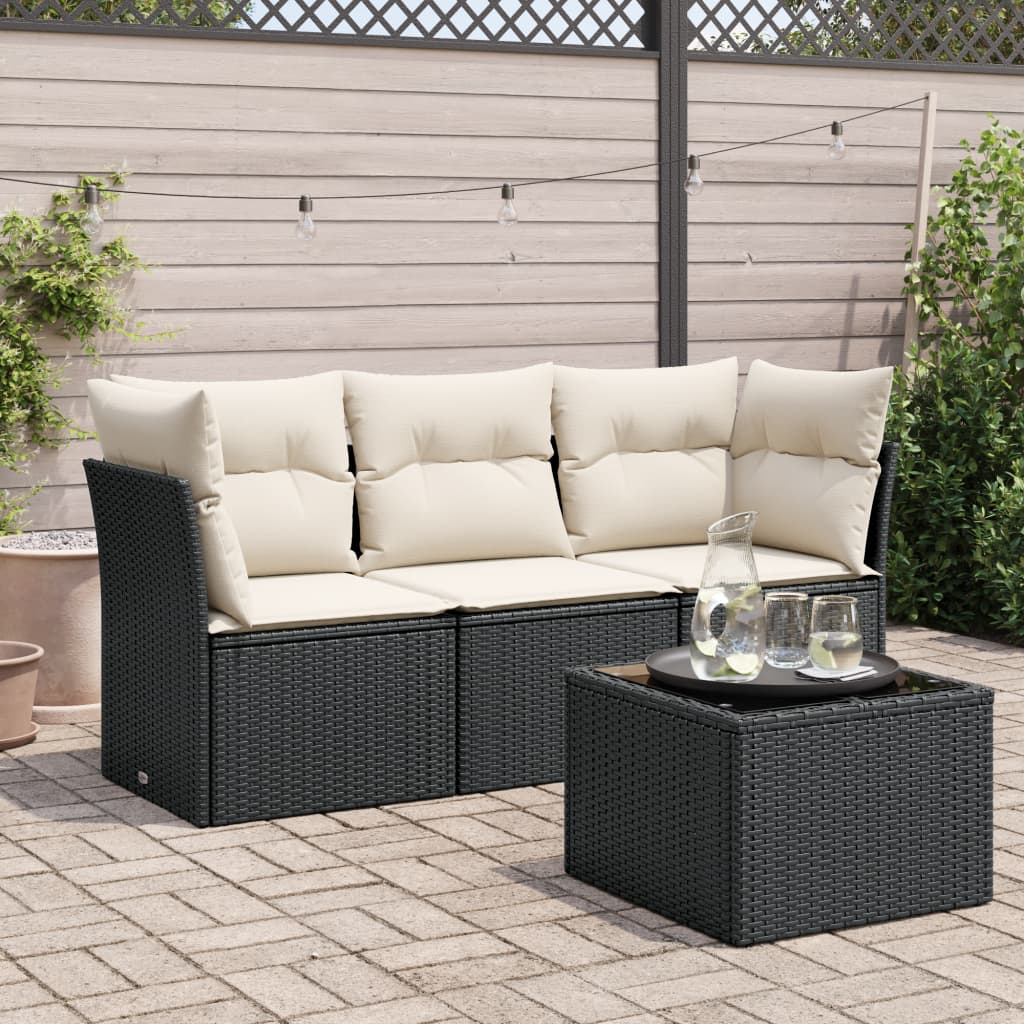 vidaXL 3-delige Loungeset met kussens poly rattan zwart