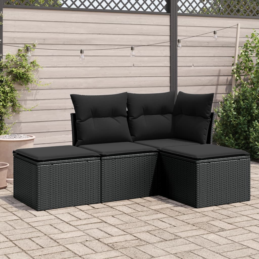 vidaXL 4-Piece Poly Rattan Lounge Set with Cushions Black