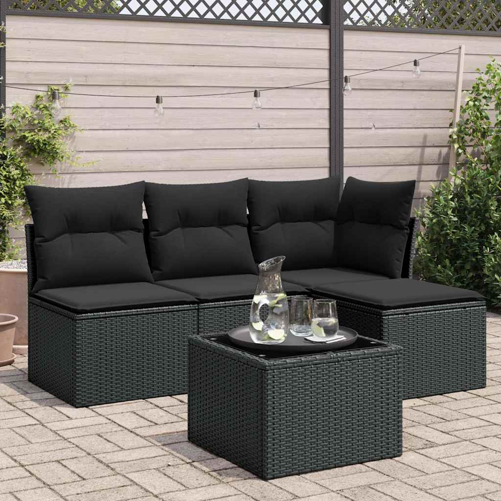 vidaXL 4-Piece Poly Rattan Lounge Set with Cushions Black