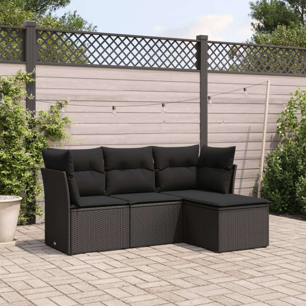 vidaXL 4-Piece Poly Rattan Lounge Set with Cushions Black