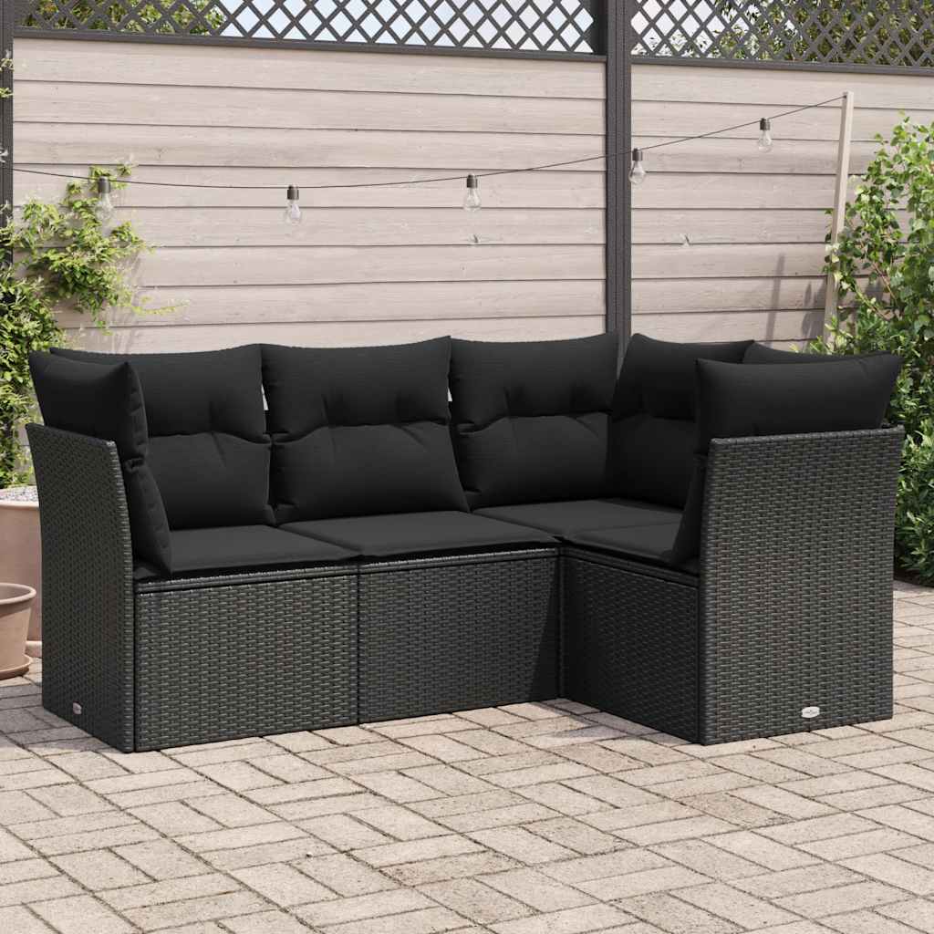 vidaXL 4-Piece Poly Rattan Lounge Set with Cushions Black
