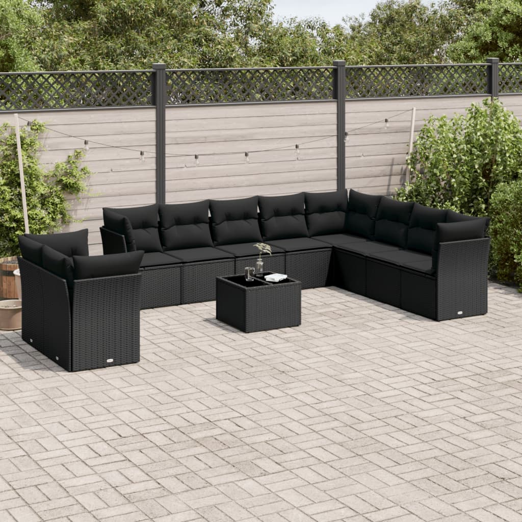 vidaXL 10-delige Loungeset met kussens poly rattan zwart