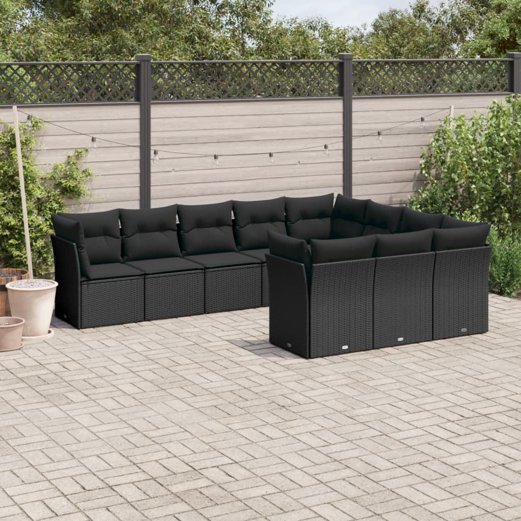 vidaXL Ensemble de salon 10 personnes avec coussins en poly rotin noir