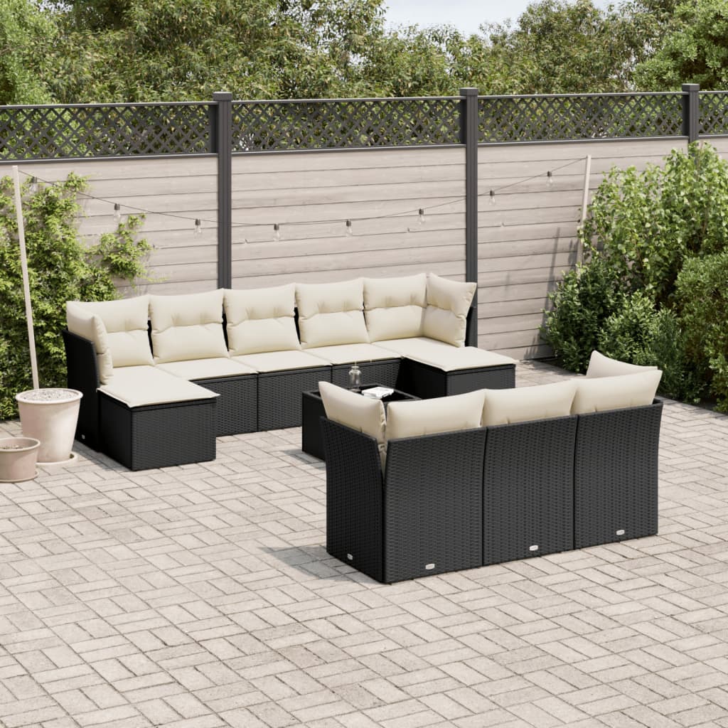 vidaXL 10-delige Loungeset met kussens poly rattan zwart