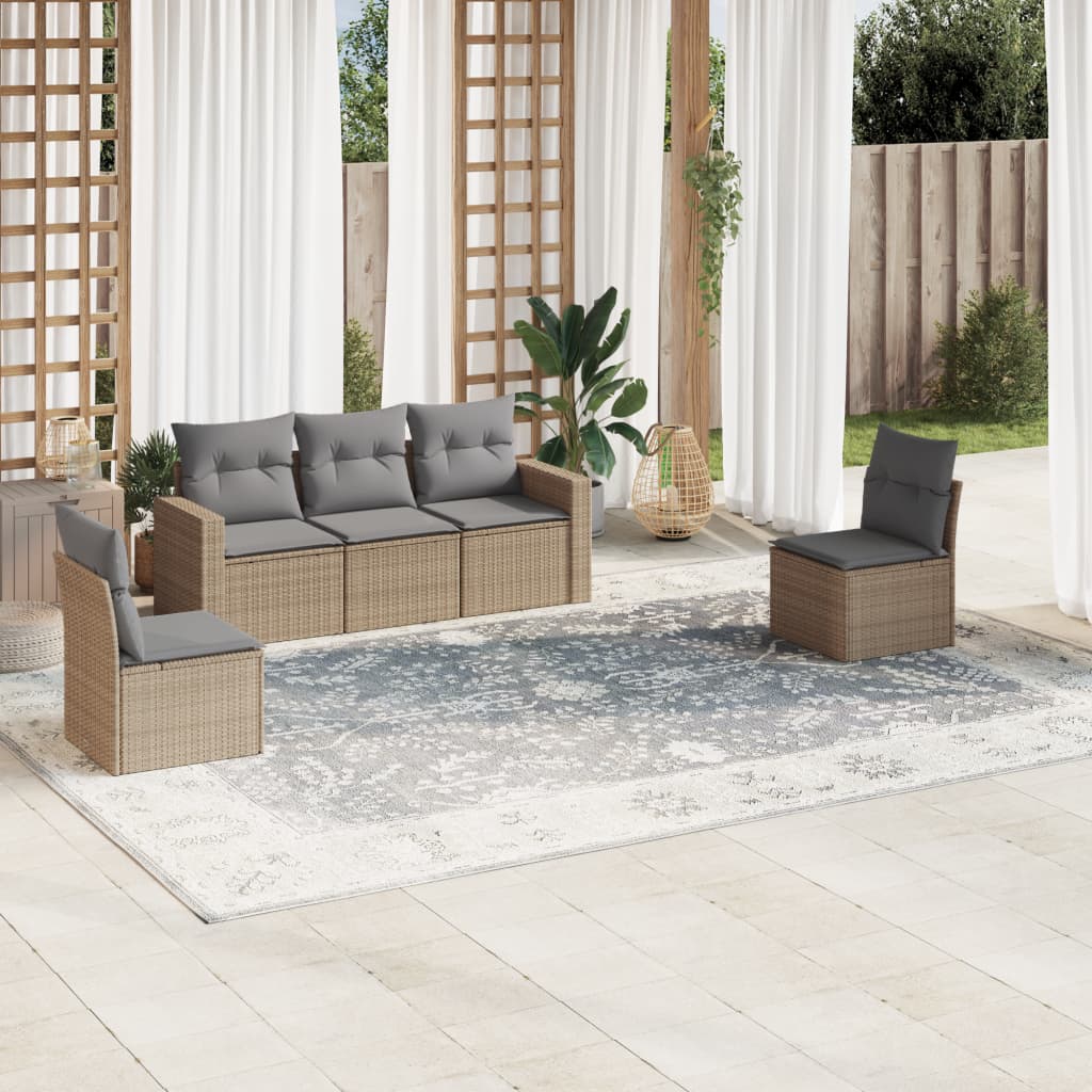 vidaXL 5-delige Loungeset met kussens poly rattan zwart