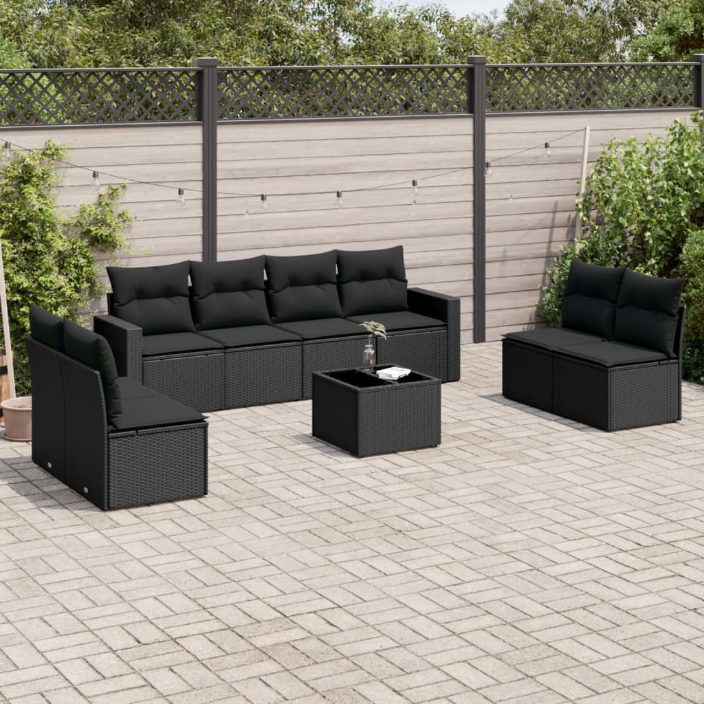 vidaXL 8-delige Loungeset met kussens poly rattan zwart