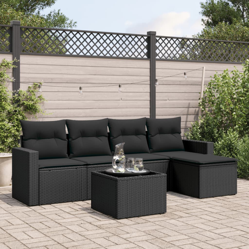 vidaXL 5-delige Loungeset met kussens poly rattan zwart