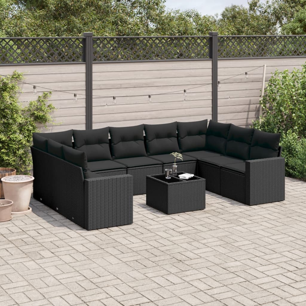 vidaXL 9-delige Loungeset met kussens poly rattan zwart